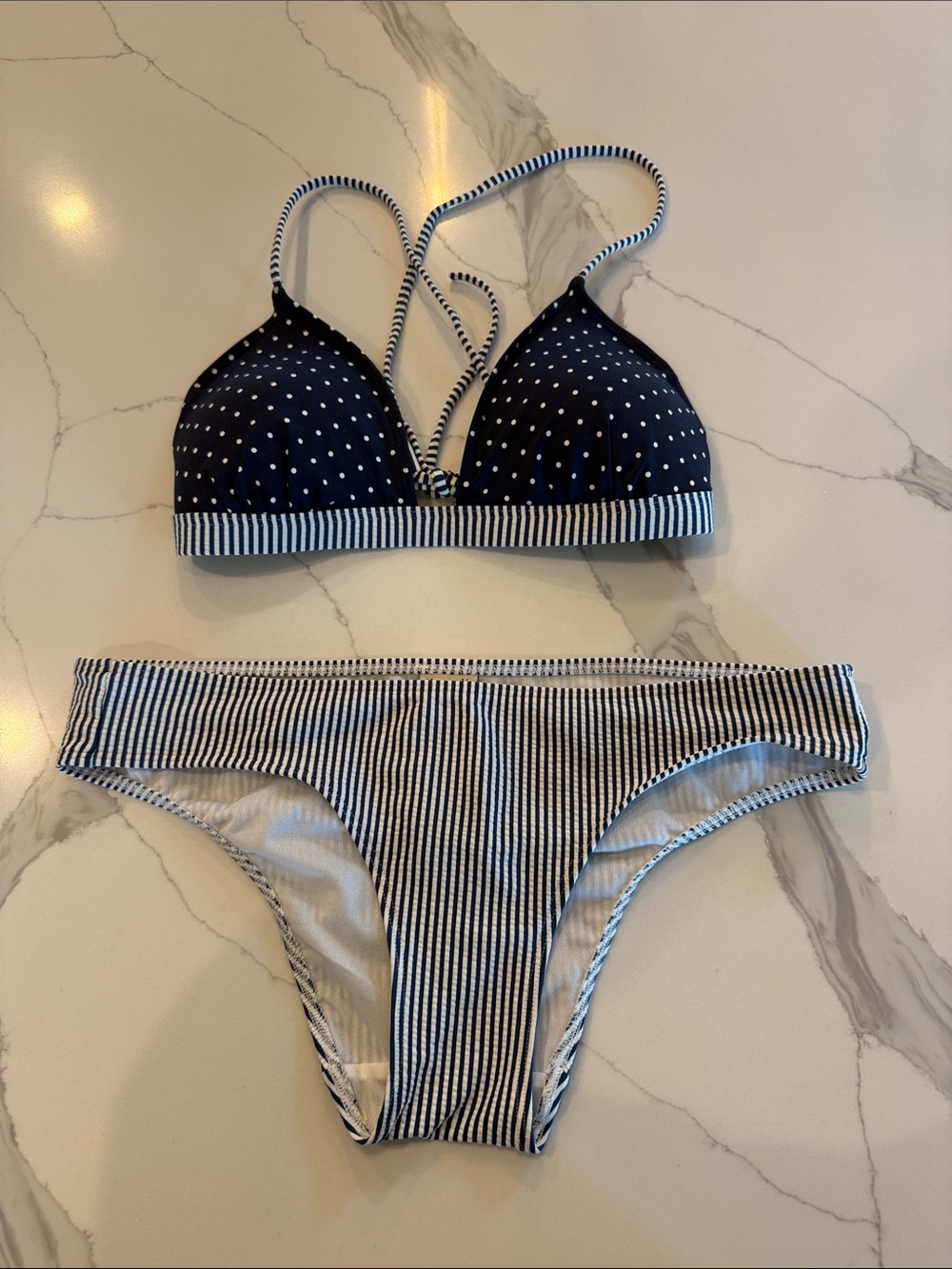 Abercrombie & Fitch Blue and White Striped Polka Dot Bikini Set Size M